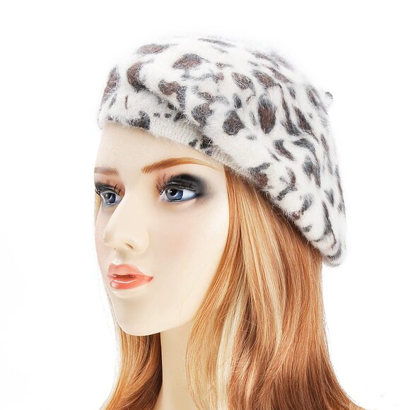 8626 Womens Rabbit Fur French Beret Hat Leopard Print main image 5